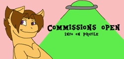 Size: 1052x505 | Tagged: safe, artist:theedgyduck, imported from derpibooru, oc, oc only, oc:discovered mystery, earth pony, pony, advertisement, commission open, male, ms paint, solo, ufo