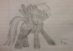 Size: 1280x895 | Tagged: safe, artist:essentialsingularity, imported from derpibooru, rainbow dash, oc, oc:dark rainbow dash, pegasus, pony, equestria girls, atg 2021, caveman pony, dark rainbow dash, female, grounded, macro, newbie artist training grounds, pencil drawing, traditional art