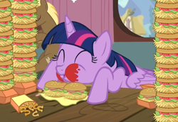 Size: 764x526 | Tagged: safe, edit, imported from derpibooru, screencap, coco crusoe, twilight sparkle, alicorn, earth pony, pony, season 4, twilight time, ^^, burger, cute, duo, eating, eyes closed, female, food, hay burger, herbivore, ketchup, majestic as fuck, male, mare, messy, messy eating, onion horseshoes, puffy cheeks, sauce, solo focus, stallion, that pony sure does love burgers, twiabetes, twilight burgkle, twilight slobble, twilight sparkle (alicorn)