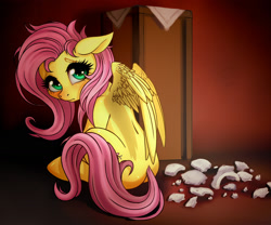 Size: 1600x1328 | Tagged: safe, artist:zetamad, imported from derpibooru, fluttershy, pegasus, pony, bad pony, behaving like a dog, broken, broken vase, looking at you, looking back, looking back at you, newbie artist training grounds, solo