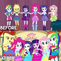 Size: 1080x1080 | Tagged: safe, edit, edited screencap, editor:twiliysm, imported from derpibooru, screencap, applejack, fluttershy, pinkie pie, rainbow dash, rarity, sci-twi, twilight sparkle, a photo booth story, eqg summertime shorts, equestria girls, equestria girls (movie), bare shoulders, before and after, belt, clothes, cowboy hat, cutie mark, cutie mark on clothes, fall formal outfits, female, fingerless gloves, gloves, hairpin, hand on hip, hands behind back, hands on hip, hat, humane five, humane six, looking at you, open mouth, sleeveless, smiling, strapless, twilight ball dress