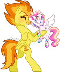 Size: 643x768 | Tagged: safe, artist:kurosawakuro, imported from derpibooru, spitfire, oc, pony, bandaid, bandaid on nose, base used, boop, female, filly, holding a pony, simple background, transparent background