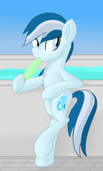 Size: 1500x2500 | Tagged: safe, artist:notadeliciouspotato, imported from derpibooru, oc, oc only, oc:serene dive, earth pony, pony, bipedal, female, food, mare, popsicle, solo, swimming pool