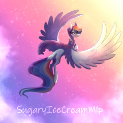 Size: 1280x1280 | Tagged: safe, artist:sugaryicecreammlp, imported from derpibooru, rainbow dash, pegasus, pony, clothes, female, flying, mare, scarf, solo, spread wings, wings