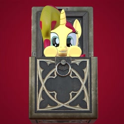 Size: 4000x4000 | Tagged: safe, artist:wissle, imported from derpibooru, sunset shimmer, pony, unicorn, 3d, absurd resolution, atg 2021, blender, box, cube, diablo (series), diablo 2, diablo ii, female, horadric cube, mare, newbie artist training grounds, pony in a box, simple background, solo