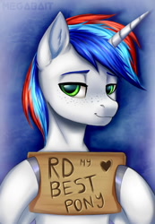 Size: 826x1195 | Tagged: safe, artist:megabait, imported from derpibooru, oc, pony, unicorn, freckles, green eyes, looking at you, sign