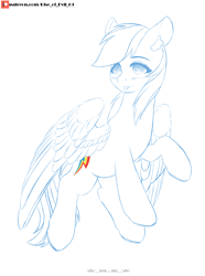 Size: 2600x3500 | Tagged: safe, artist:rise_of_evil_69, imported from derpibooru, rainbow dash, pegasus, pony, :p, blushing, cute, dashabetes, ear fluff, female, flying, high res, looking at you, partial color, simple background, sketch, smiling, smiling at you, solo, spread wings, tongue out, white background, wings