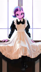 Size: 1600x2814 | Tagged: safe, artist:mrscroup, imported from derpibooru, starlight glimmer, anthro, unicorn, clothes, cute, female, french maid, glimmerbetes, looking at you, maid, maid headdress, mare, solo, window