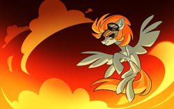 Size: 4816x3007 | Tagged: safe, artist:dodsie, imported from derpibooru, lightning dust, pegasus, pony, cloud, female, flying, goggles, mare, solo, sunset