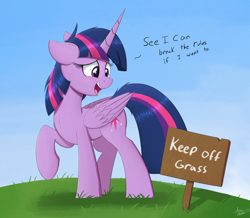 Size: 2000x1745 | Tagged: safe, artist:arcane-thunder, imported from derpibooru, twilight sparkle, alicorn, pony, adorkable, atg 2021, cute, dialogue, dork, floppy ears, fuck the police, grass, keep off the grass, newbie artist training grounds, pure unfiltered evil, sign, smiling, solo, twilight sparkle (alicorn)