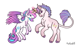 Size: 1605x956 | Tagged: safe, artist:misskanabelle, imported from derpibooru, princess flurry heart, oc, oc:freyr, alicorn, pony, unicorn, brother and sister, chest fluff, duo, female, glowing horn, horn, male, mare, offspring, older, older flurry heart, parent:princess cadance, parent:shining armor, parents:shiningcadance, rearing, siblings, signature, simple background, stallion, transparent background, unicorn oc, unshorn fetlocks, wings