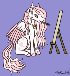 Size: 995x1088 | Tagged: safe, artist:misskanabelle, imported from derpibooru, oc, oc only, oc:darling devotion, pegasus, pony, colored hooves, female, jewelry, mare, mouth hold, necklace, offspring, paintbrush, painting, parent:fancypants, parent:fleur-de-lis, parents:fancyfleur, pegasus oc, purple background, signature, simple background, two toned wings, wings