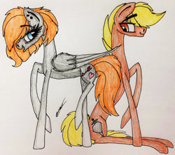 Size: 1914x1697 | Tagged: safe, artist:beamybutt, imported from derpibooru, oc, oc only, earth pony, pegasus, pony, duo, ear piercing, earth pony oc, eyelashes, female, mare, pegasus oc, piercing, raised hoof, signature, smiling, traditional art, wings