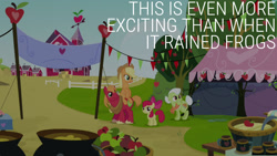 Size: 1280x720 | Tagged: safe, edit, edited screencap, editor:quoterific, imported from derpibooru, screencap, apple bloom, applejack, big macintosh, granny smith, earth pony, pony, apple family reunion, season 3, apple, apple bloom's bow, applejack's hat, bow, cider, cowboy hat, female, food, hair bow, hat, male, mare, open mouth, stallion, sweet apple acres, tree