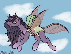 Size: 1390x1064 | Tagged: safe, artist:misskanabelle, imported from derpibooru, oc, oc only, oc:lumina, changedling, changeling, hybrid, adopted offspring, changedling oc, changeling oc, cloud, female, flying, interspecies offspring, magical lesbian spawn, offspring, parent:pinkie pie, parent:princess skystar, parents:skypie, solo