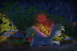 Size: 3093x2053 | Tagged: safe, artist:lyrabop, artist:shepardinthesky, imported from derpibooru, derpy hooves, pegasus, pony, car, collaboration, derpysaur, female, ford explorer, giant pony, high res, jungle, jurassic park, macro, mare, night, rain, solo, suv, truck