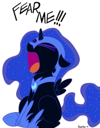 Size: 1700x2177 | Tagged: safe, artist:alexvii, artist:kerorolover16, derpibooru exclusive, edit, imported from derpibooru, nightmare moon, alicorn, pony, colored, cute, eyes closed, fear me, female, filly, moonabetes, nightmare woon, open mouth, screaming, simple background, sitting, solo, transparent background