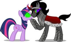 Size: 3557x2124 | Tagged: safe, artist:zacatron94, imported from derpibooru, king sombra, twilight sparkle, alicorn, pony, unicorn, crossed horns, duo, female, glowing eyes, high res, horn, horns are touching, kiss on the lips, kissing, male, mind control, simple background, transparent background, twilight sparkle (alicorn), vector