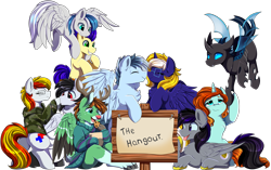 Size: 4709x2950 | Tagged: safe, artist:pridark, imported from derpibooru, oc, oc only, oc:alter ego, oc:artemis whooves, oc:commissar junior, oc:corvus hooves, oc:crann taca, oc:gamma seven, oc:lunar guardian, oc:scirocco seaspray, oc:time vortex (kaifloof), oc:time vortex (northerndawn), oc:windy whirls, alicorn, changeling, earth pony, hybrid, pegasus, pony, unicorn, alicorn oc, boop, changeling oc, clothes, commissioner:kaifloof, commissioner:northerndawn, cookie, cookie jar, earth pony oc, female, flying, food, furry, furry oc, group, group shot, horn, male, non-pony oc, noseboop, oc x oc, pegasus oc, shipping, sign, straight, sweater, timocco, unicorn oc, wings