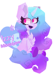 Size: 1090x1523 | Tagged: safe, artist:rainbowstar484, imported from derpibooru, izzy moonbow, pony, unicorn, chest fluff, cute, eyelashes, female, g5, izzybetes, mare, open mouth, simple background, sitting, solo, text, transparent background, unshorn fetlocks