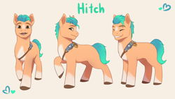 Size: 4364x2480 | Tagged: safe, artist:khal99, imported from derpibooru, hitch trailblazer, earth pony, pony, blaze (coat marking), coat markings, eyes closed, facial markings, g5, high res, looking at you, male, open mouth, pale belly, raised hoof, sash, simple background, smiling, socks (coat markings), stallion, text, unshorn fetlocks, white background