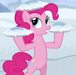 Size: 949x942 | Tagged: safe, imported from derpibooru, screencap, pinkie pie, earth pony, pony, not asking for trouble, season 7, bipedal, cropped, female, food, hind legs, mare, pasta, snow, snow spaghetti, solo, spaghetti, teeth