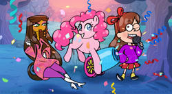 Size: 1024x560 | Tagged: safe, artist:vickyviolet, imported from derpibooru, pinkie pie, crossover, gravity falls, mabel pines, milla vodello, party cannon, psychonauts