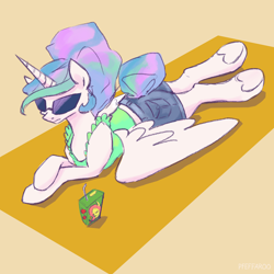 Size: 2048x2048 | Tagged: safe, artist:pfeffaroo, imported from derpibooru, princess celestia, alicorn, pony, alternate hairstyle, beach blanket, clothes, female, high res, juice, juice box, lying down, mare, prone, shorts, solo, sunglasses, underhoof