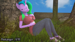 Size: 3840x2160 | Tagged: safe, artist:pootanger_sfm, imported from derpibooru, oc, oc:fiona mahri, anthro, plantigrade anthro, 3d, breasts, clothes, eyes closed, grass, hand on belly, hand on chest, high res, nap, outdoors, shoes, sleeping, sneakers, source filmmaker