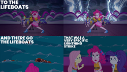 Size: 1280x720 | Tagged: safe, edit, edited screencap, editor:quoterific, imported from derpibooru, screencap, fluttershy, microchips, mr. waddle, pinkie pie, rarity, watermelody, human, equestria girls, equestria girls series, spring breakdown, spoiler:eqg series (season 2), cloud, female, geode of sugar bombs, hairpin, lifeboat, lightning, magical geodes, male, nose in the air, open mouth, storm, wavy mouth, yacht