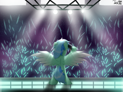 Size: 2000x1500 | Tagged: safe, artist:jadebreeze115, imported from derpibooru, oc, oc only, oc:jade breeze, pegasus, pony, bipedal, cheering, colored wings, colorful, concert, crowd, ethereal mane, glowstick, gradient wings, lights, male, microphone, pegasus oc, rear view, solo, stage, stagelights, stallion, standing, wings