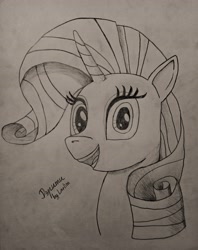 Size: 2925x3699 | Tagged: safe, artist:larlim, imported from derpibooru, rarity, pony, unicorn, bust, female, high res, mare, monochrome, open mouth, open smile, pencil, portrait, smiling, solo