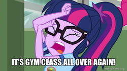 Size: 800x450 | Tagged: safe, edit, edited screencap, imported from derpibooru, screencap, sci-twi, twilight sparkle, equestria girls, legend of everfree, caption, ed edd n eddy, ed in a halfshell, female, image macro, text