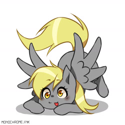 Size: 2400x2400 | Tagged: safe, artist:monochrome, imported from derpibooru, derpy hooves, pegasus, pony, :3, blushing, cute, face down ass up, fanart, female, high res, mare, rating, simple background, smiling, solo, spread wings, tongue out, white background, wings