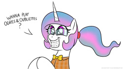 Size: 1148x648 | Tagged: safe, artist:banebuster, imported from derpibooru, princess celestia, alicorn, pony, series:tiny tia, adorkable, alternate hairstyle, braces, cute, cutelestia, dork, dungeons and dragons, female, glasses, happy, mare, nerd, ogres and oubliettes, pen and paper rpg, ponytail, rpg, simple background, smiling, weapons-grade cute, white background, younger