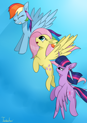 Size: 2480x3507 | Tagged: safe, artist:twidasher, imported from derpibooru, fluttershy, rainbow dash, twilight sparkle, alicorn, pegasus, pony, feather, female, flying, high res, lesbian, shipping, signature, sky, smiling, trio, twidash, twilight sparkle (alicorn)