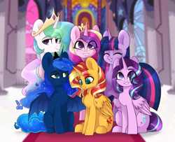 Size: 2295x1866 | Tagged: safe, artist:cloud-fly, imported from derpibooru, princess cadance, princess celestia, princess luna, starlight glimmer, sunset shimmer, twilight sparkle, alicorn, bat pony, bat pony alicorn, pony, alicorn hexarchy, alicornified, alternate timeline, alternate universe, apprentice sunset shimmer, bat wings, commission, duchess luna, eye clipping through hair, horn, lidded eyes, looking at you, princess starlight glimmer, race swap, shimmercorn, smiling, starlicorn, twilight sparkle (alicorn), wings, xk-class end-of-the-world scenario