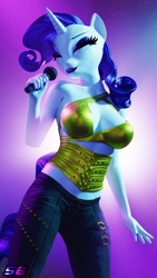 Size: 2160x3840 | Tagged: safe, artist:shadowboltsfm, imported from derpibooru, rarity, anthro, plantigrade anthro, unicorn, 3d, 4k, adorasexy, beautiful, beautisexy, big breasts, blender, boob window, breasts, busty rarity, cleavage, cleavage window, clothes, corset, cute, eyes closed, eyeshadow, high res, lipstick, makeup, microphone, nail polish, not sfm, raribetes, sexy, singing, smiling, solo