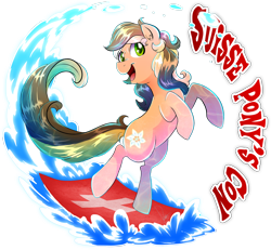 Size: 2546x2355 | Tagged: safe, artist:dormin-dim, imported from derpibooru, imported from ponybooru, oc, oc only, oc:starry cotton, pony, bipedal, high res, logo, mascot, multicolored hair, multicolored mane, solo, suisse pony's con, suisse pony's con 2016, surfing, switzerland, water