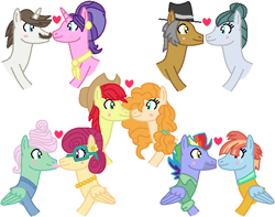 Size: 702x552 | Tagged: safe, artist:harmonyguard, imported from derpibooru, bow hothoof, bright mac, cloudy quartz, cookie crumbles, gentle breeze, hondo flanks, igneous rock pie, pear butter, posey shy, windy whistles, earth pony, pegasus, pony, unicorn, brightbutter, cookieflanks, female, male, mare, quartzrock, shipping, shys, stallion, straight, windyhoof