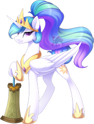 Size: 1231x1632 | Tagged: safe, artist:scarlet-spectrum, imported from derpibooru, princess celestia, alicorn, pony, alternate hairstyle, alternate universe, concave belly, crossover, crown, female, g4, jewelry, looking at you, mace, mare, ponytail, regalia, simple background, slim, smiling, smiling at you, solo, sword, the legend of zelda, thin, transparent background, watermark, weapon