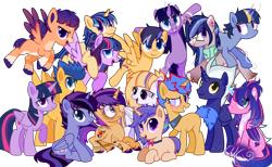 Size: 4000x2468 | Tagged: safe, alternate version, artist:idkhesoff, artist:rerorir, imported from derpibooru, flash sentry, twilight sparkle, oc, oc:aurora, oc:dawn light, oc:diamond wings, oc:estella sparkle, oc:flare beam, oc:hesitant enchantment, oc:jake sparkle, oc:magitek, oc:nightfall twinkle, oc:prince orion flash, oc:sparkling stars (ice1517), oc:star flare, oc:starshine gleam, oc:stella nova, alicorn, pegasus, pony, unicorn, icey-verse, alicorn oc, base used, blank flank, bowtie, brother and sister, chest fluff, collar, ear piercing, earring, eye scar, family, father and child, father and daughter, father and son, female, flashlight, flying, freckles, glowing horn, grin, horn, jewelry, leg fluff, levitation, like father like daughter, like father like son, like mother like daughter, like mother like son, like parent like child, magic, male, mare, markings, mother and child, mother and daughter, mother and son, multicolored hair, offspring, open mouth, parent:flash sentry, parent:twilight sparkle, parents:flashlight, piercing, ponies riding ponies, raised hoof, riding, scar, self-levitation, shipping, siblings, simple background, sisters, sitting, smiling, stallion, straight, tattoo, telekinesis, transparent background, twilight sparkle (alicorn), unshorn fetlocks, wall of tags, wings