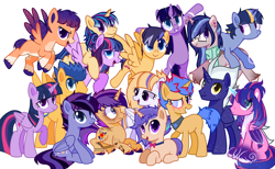 Size: 4000x2468 | Tagged: safe, alternate version, artist:idkhesoff, artist:rerorir, imported from derpibooru, flash sentry, twilight sparkle, oc, oc:aurora, oc:dawn light, oc:diamond wings, oc:estella sparkle, oc:flare beam, oc:hesitant enchantment, oc:jake sparkle, oc:magitek, oc:nightfall twinkle, oc:prince orion flash, oc:sparkling stars (ice1517), oc:star flare, oc:starshine gleam, oc:stella nova, alicorn, pegasus, pony, unicorn, icey-verse, alicorn oc, base used, blank flank, bowtie, brother and sister, chest fluff, collar, ear piercing, earring, eye scar, family, father and child, father and daughter, father and son, female, flashlight, flying, freckles, glowing horn, grin, horn, jewelry, leg fluff, levitation, like father like daughter, like father like son, like mother like daughter, like mother like son, like parent like child, magic, male, mare, markings, mother and child, mother and daughter, mother and son, multicolored hair, offspring, open mouth, parent:flash sentry, parent:twilight sparkle, parents:flashlight, piercing, ponies riding ponies, raised hoof, riding, scar, self-levitation, shipping, siblings, simple background, sisters, sitting, smiling, stallion, straight, tattoo, telekinesis, twilight sparkle (alicorn), unshorn fetlocks, wall of tags, white background, wings