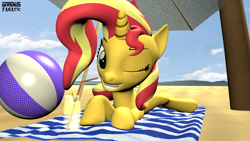 Size: 3413x1920 | Tagged: safe, artist:gradiusfanatic, imported from derpibooru, sunset shimmer, pony, unicorn, 3d, beach, beach ball, female, grin, juice, lemonade, looking at you, lying down, one eye closed, prone, smiling, solo, source filmmaker, towel, wink, winking at you