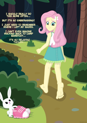 Size: 2480x3508 | Tagged: safe, artist:escapistmatt, imported from derpibooru, angel bunny, fluttershy, rabbit, equestria girls, animal, barefoot, barefooting, duo, feet, fetish, foot fetish, forest, high res, shoes removed, walking