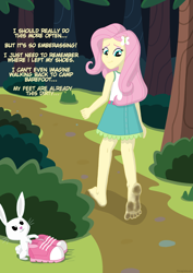 Size: 2480x3508 | Tagged: safe, alternate version, artist:escapistmatt, imported from derpibooru, angel bunny, fluttershy, rabbit, equestria girls, animal, barefoot, barefooting, dirt, dirty, dirty feet, duo, feet, fetish, foot fetish, forest, high res, shoes removed, walking