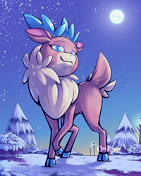 Size: 2000x2500 | Tagged: safe, artist:orez-suke, imported from derpibooru, velvet reindeer, deer, reindeer, them's fightin' herds, blue background, cloven hooves, community related, female, high res, looking at you, looking down, looking down at you, moon, moonlight, raised hoof, simple background, smiling, smiling at you, smug, snow, solo, streetlight, tree, velvet (tfh)