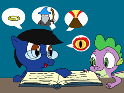 Size: 1500x1125 | Tagged: safe, artist:blazewing, imported from derpibooru, spike, oc, oc:blazewing, dragon, pegasus, atg 2021, book, colored background, drawpile, eye of sauron, gandalf, glasses, lord of the rings, male, mount doom, newbie artist training grounds, open mouth, pictures, reading, ring, smiling, speech bubble, table, the one ring, volcano, winged spike, wings, wizard