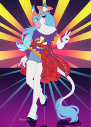 Size: 2500x3500 | Tagged: safe, artist:breioom, imported from derpibooru, oc, oc only, oc:lumi, anthro, kirin, unguligrade anthro, abstract background, backwards ballcap, baseball cap, bubblegum, cap, clothes, cloven hooves, eyelashes, female, flannel, food, graphic tee, gum, hat, high res, horn, leonine tail, lidded eyes, long nails, mare, off shoulder, peace sign, princewhateverer, retro, shorts, solo, unshorn fetlocks, vaporwave