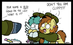 Size: 2392x1486 | Tagged: safe, artist:bobthedalek, imported from derpibooru, oc, oc only, oc:bubble pump, oc:clippy ticket, earth pony, pegasus, pony, unicorn, comic:trottingham transport, atg 2021, clothes, dad's army, dads army, ear piercing, earring, earth pony oc, hat, hoof over mouth, horn, jacket, jewelry, magic, newbie artist training grounds, notebook, offscreen character, parody, pegasus oc, pencil, piercing, telekinesis, unicorn oc, wings